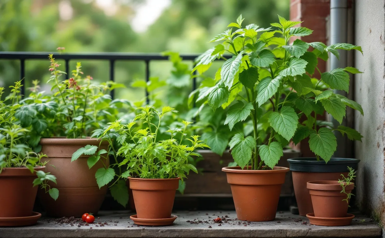 Herbs and vegetables in balcony containers